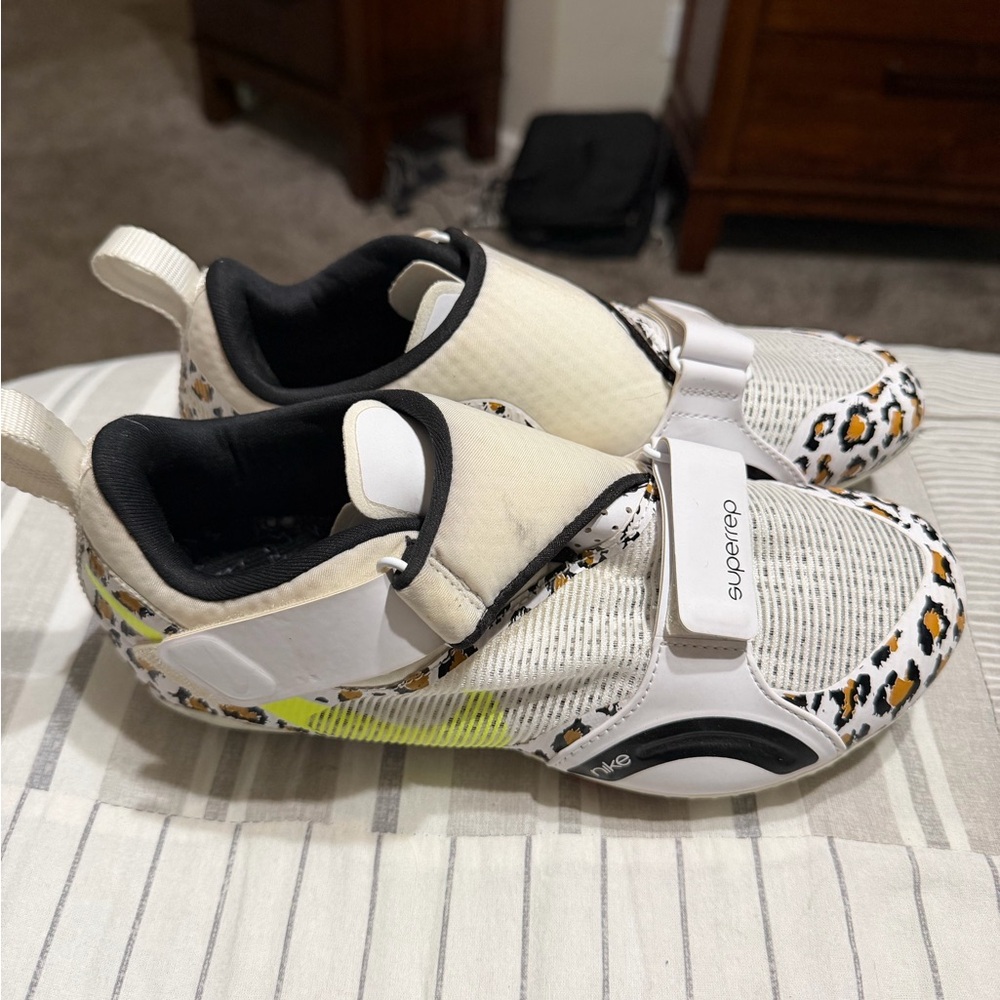 Nike superrep cycling shoe white leopard with Black and Neon Yellow Accents